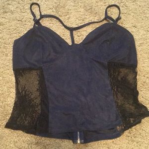 Blue and black lace crop with padded cups